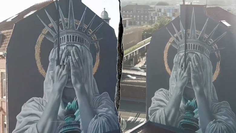 Statue of Liberty mural showing face covered divides social media users on immigration