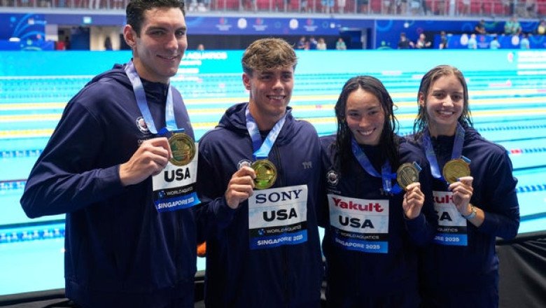 Team USA sets new relay record at swim worlds and Katie Ledecky wins again