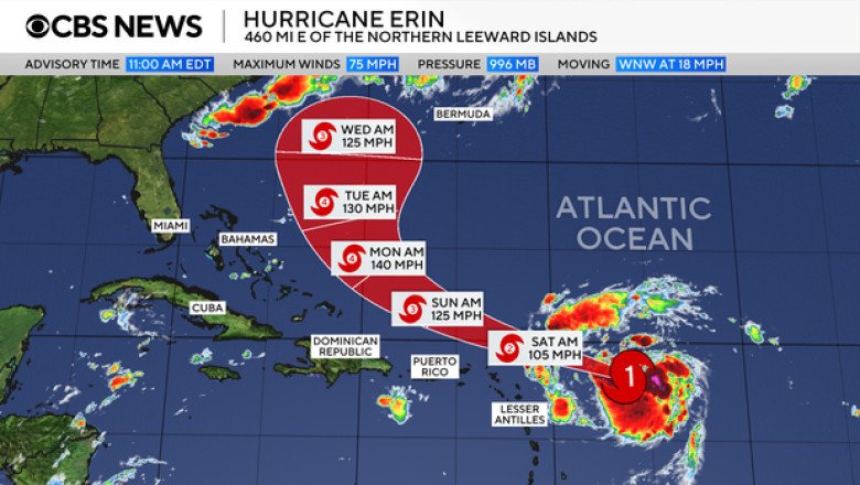 Hurricane Erin forms over Atlantic, the first of 2025 season. Maps show its path and forecast.